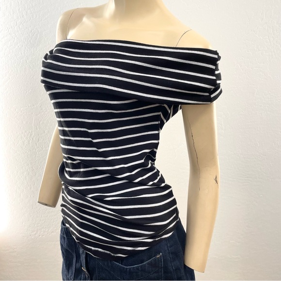 Free People Black and White Off-Shoulder Striped Blouse- L - Picture 2 of 13